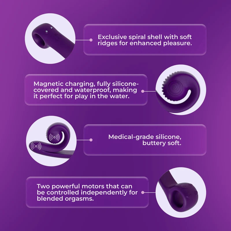 SVibe Snail Curve key features including dual motors, magnetic charging and waterproof design