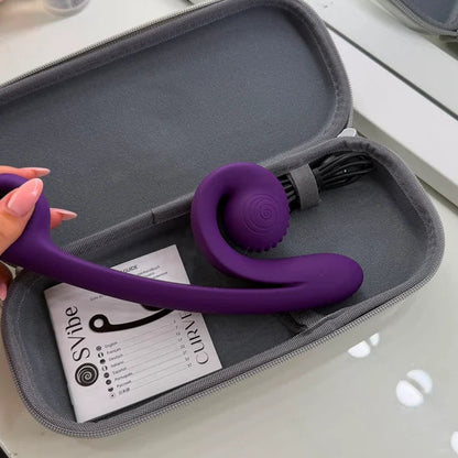 SVibe Snail Curve purple rechargeable vibrator with protective storage case and charging cable