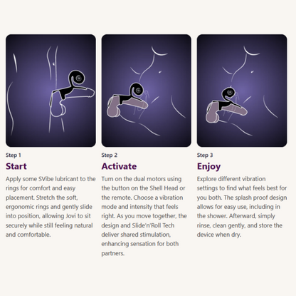 How to use the SVibe Snail Jovi vibrating couples ring with illustrated placement and dual-motor stimulation