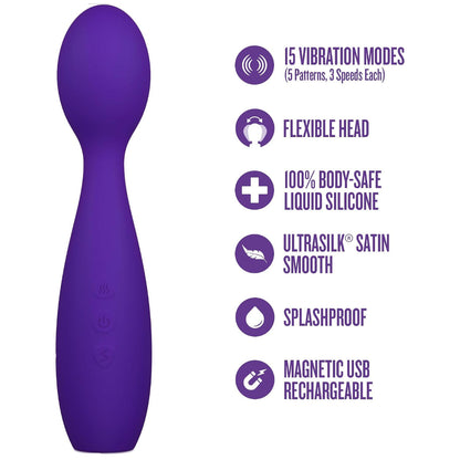 Blush Velvet High wand vibrator featuring 15 vibration modes, body-safe silicone, splashproof design, flexible head, and magnetic USB charging