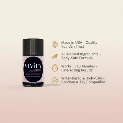 Vivify Vaginal Tightening Gel features - Made in USA, all-natural ingredients, works in 15 minutes, water-based and body-safe, made by Sensuva