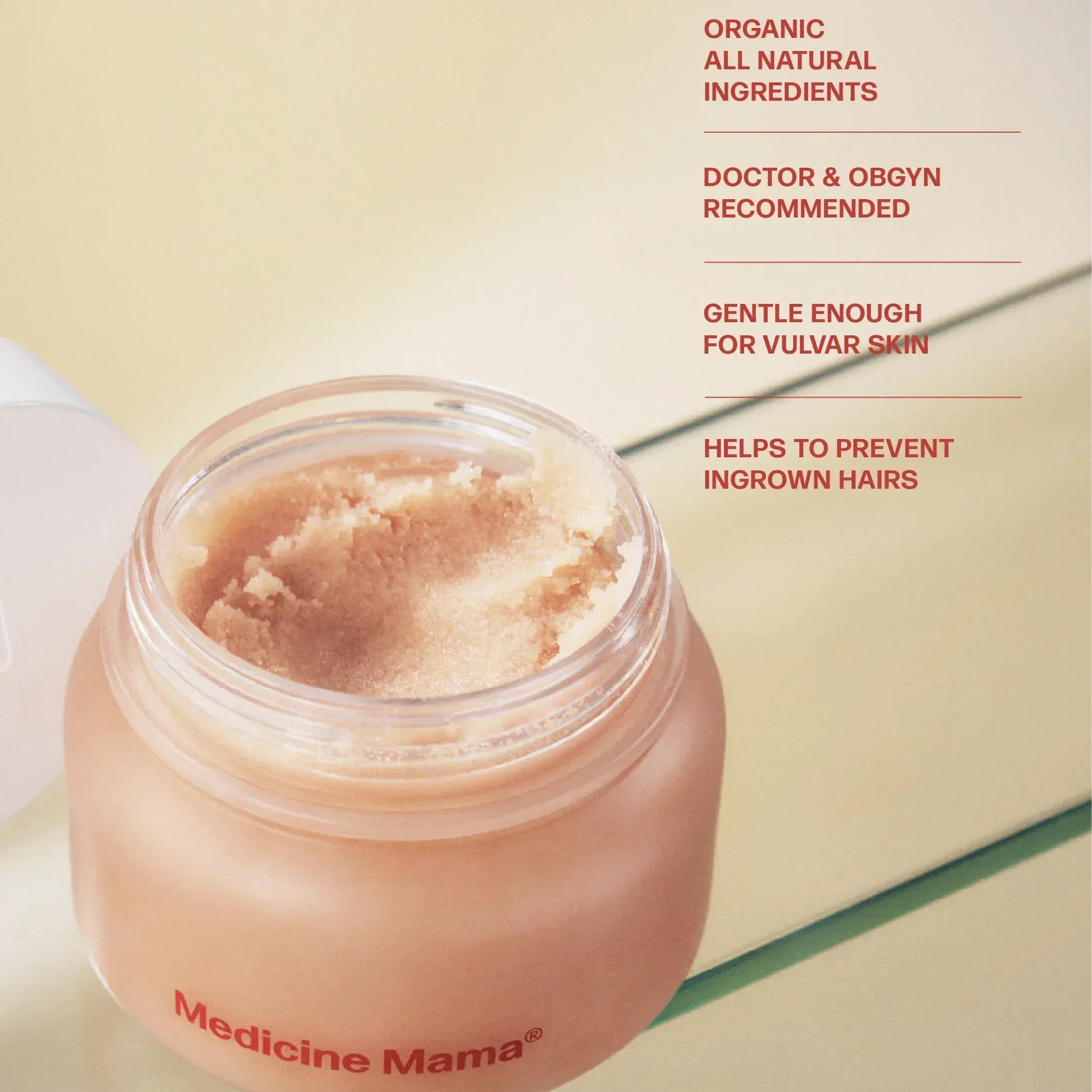 VMagic organic grooming polish by Medicine Mama features: doctor recommended, gentle for vulvar skin, prevents ingrown hairs