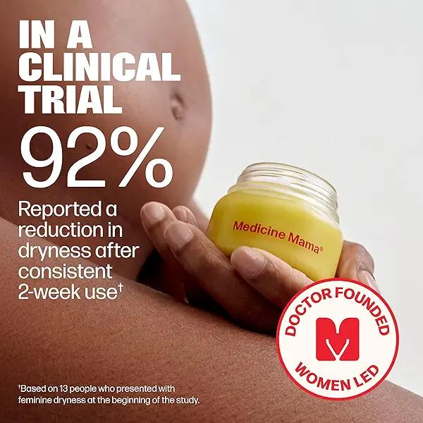 Medicine Mama VMagic Lips Stick clinical trial graphic stating 92% reported reduced feminine dryness after two weeks of consistent use.