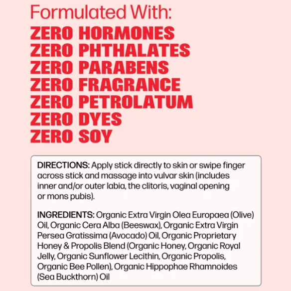 Medicine Mama VMagic Lips Stick formula information showing no added hormones, parabens or fragrance, plus directions and full organic ingredients.