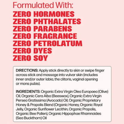 Medicine Mama VMagic Lips Stick formula information showing no added hormones, parabens or fragrance, plus directions and full organic ingredients.