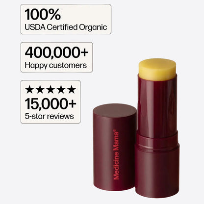 Medicine Mama VMagic Lips Stick with USDA organic certification and manufacturer-reported customer and five-star review statistics.