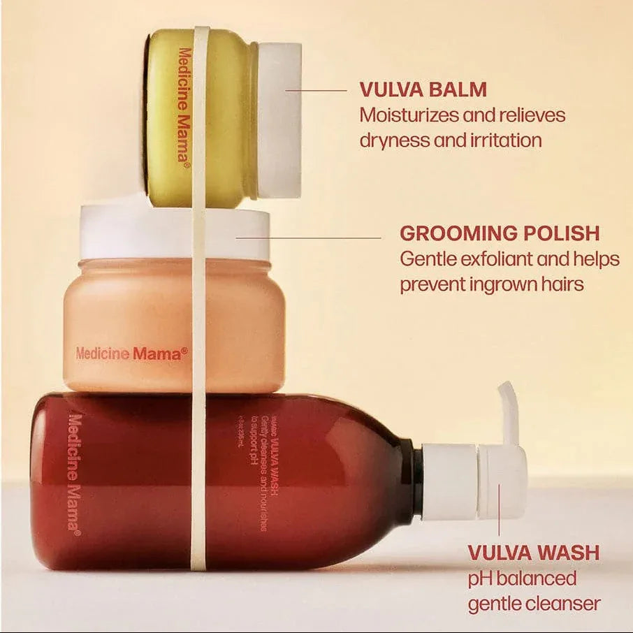 Medicine Mama VMagic complete vulva care routine set: Vulva Balm, Grooming Polish, and Vulva Wash organic intimate care collection