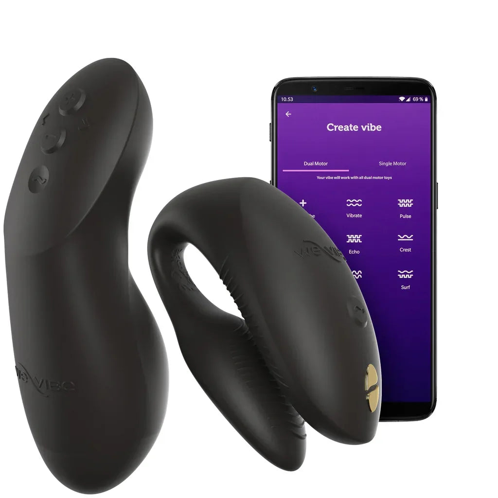 We-Vibe Chorus Pro couples vibrator in black with haptic squeeze remote