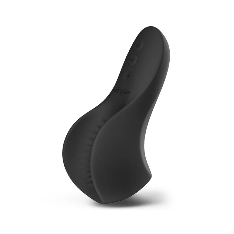 Angled view of black We-Vibe Shared Touch double-sided couples vibrator showing its curved body and textured stimulation surface.