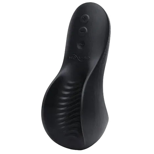Front view of black We-Vibe Shared Touch vibrator showing textured stimulation ridges and three control buttons.