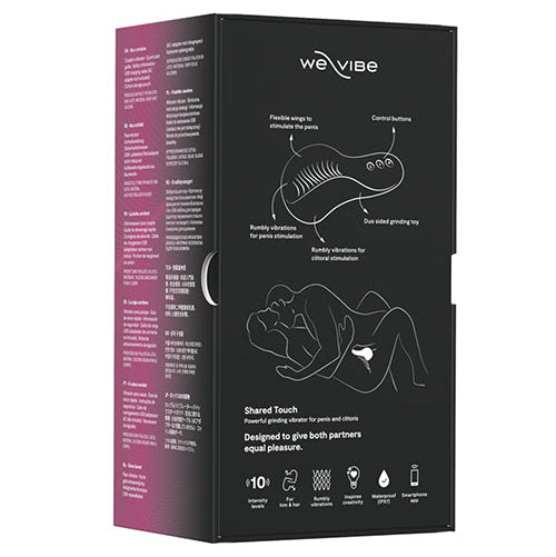 Back of We-Vibe Shared Touch packaging showing product features, textured stimulation areas, and couples positioning illustration.