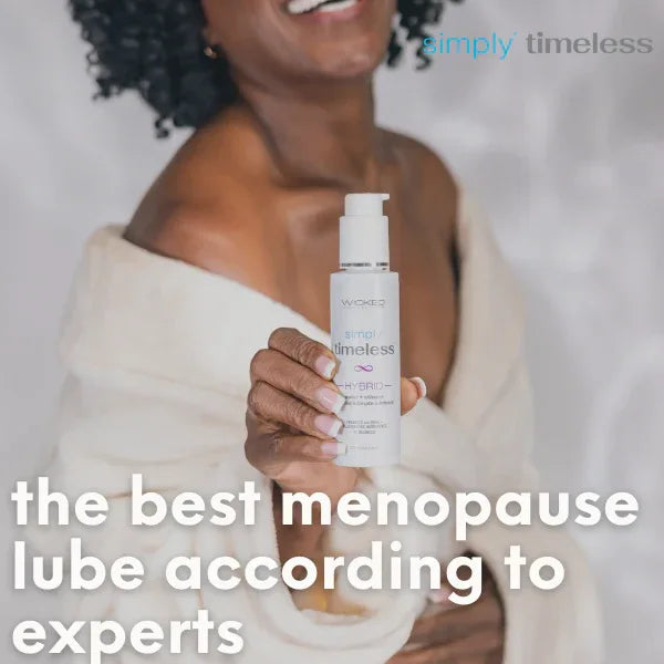 Woman holding Simply Timeless Hybrid + DHEA menopause lubricant with DHEA for vaginal dryness relief